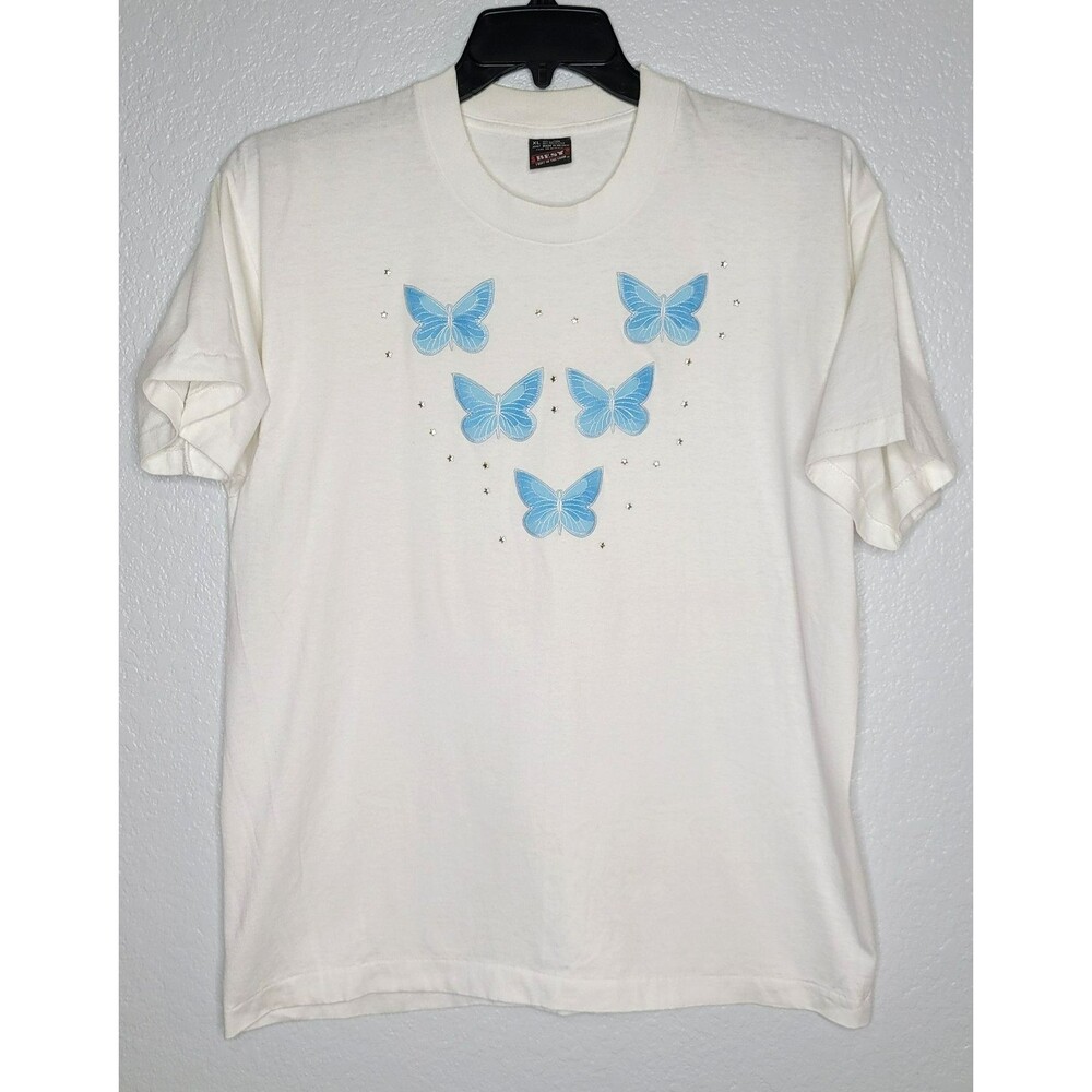 Vintage 90s Women's XL T-Shirt White Single Stitch Best Tag Butterflies Stars